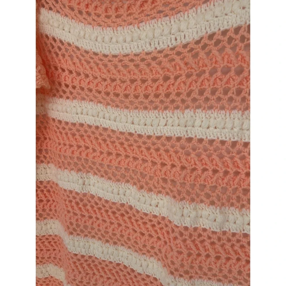 VINTAGE CROCHET‎ HAND KNITTED PEACH And White THROW BLANKET